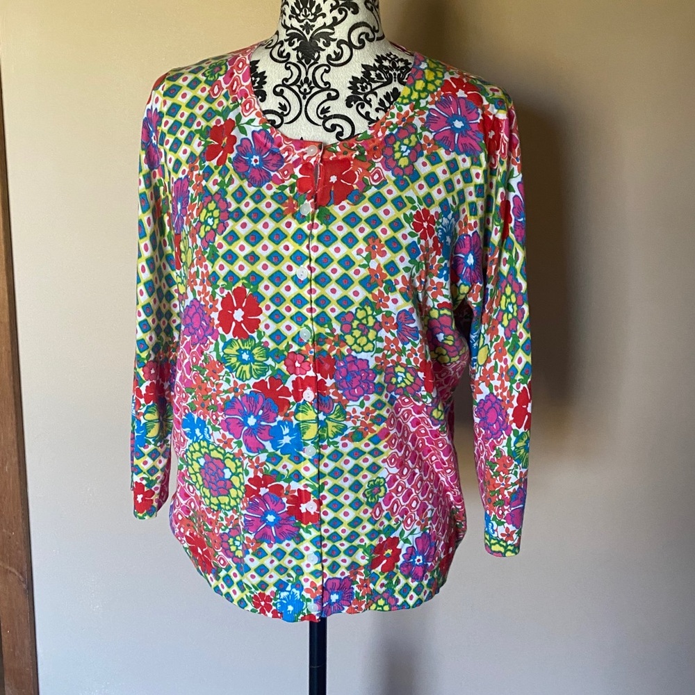 Talbots Pink Multi Color Floral Cardigan